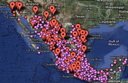 Drugs war murders mapped: every dot represents a town where a drugs war murder has taken place. The large red markers show places with over 70 deaths. Go to the fullscreen version.